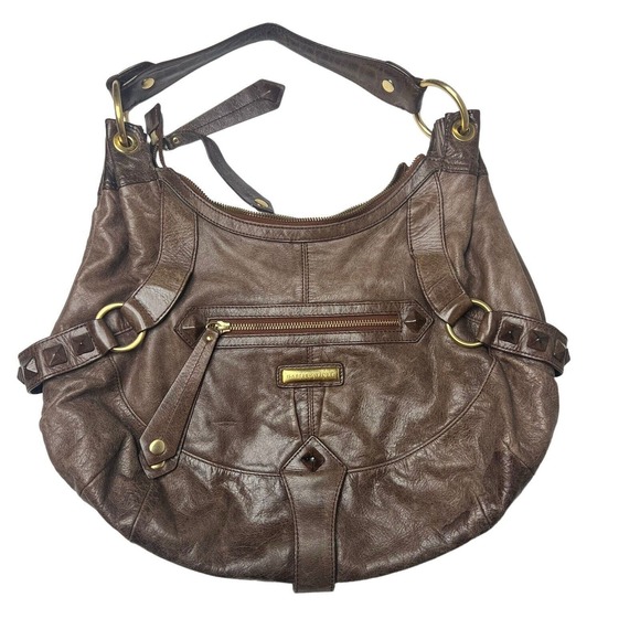 ISABELLA FIORE Women Brown Leather Gold hardware studded Boho shoulder bag Purs - Picture 1 of 8